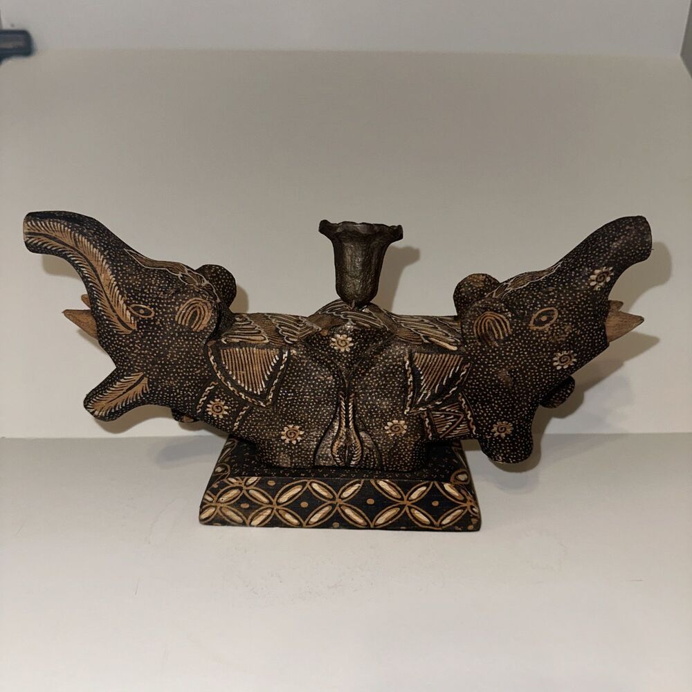 VTG Hand Painted Trumpeting Elephants Wood Carved Batik Candle Holder Indonesia